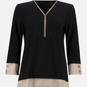 Joseph Ribkoff Black Top with Cream Trim and Gold Zip Detail